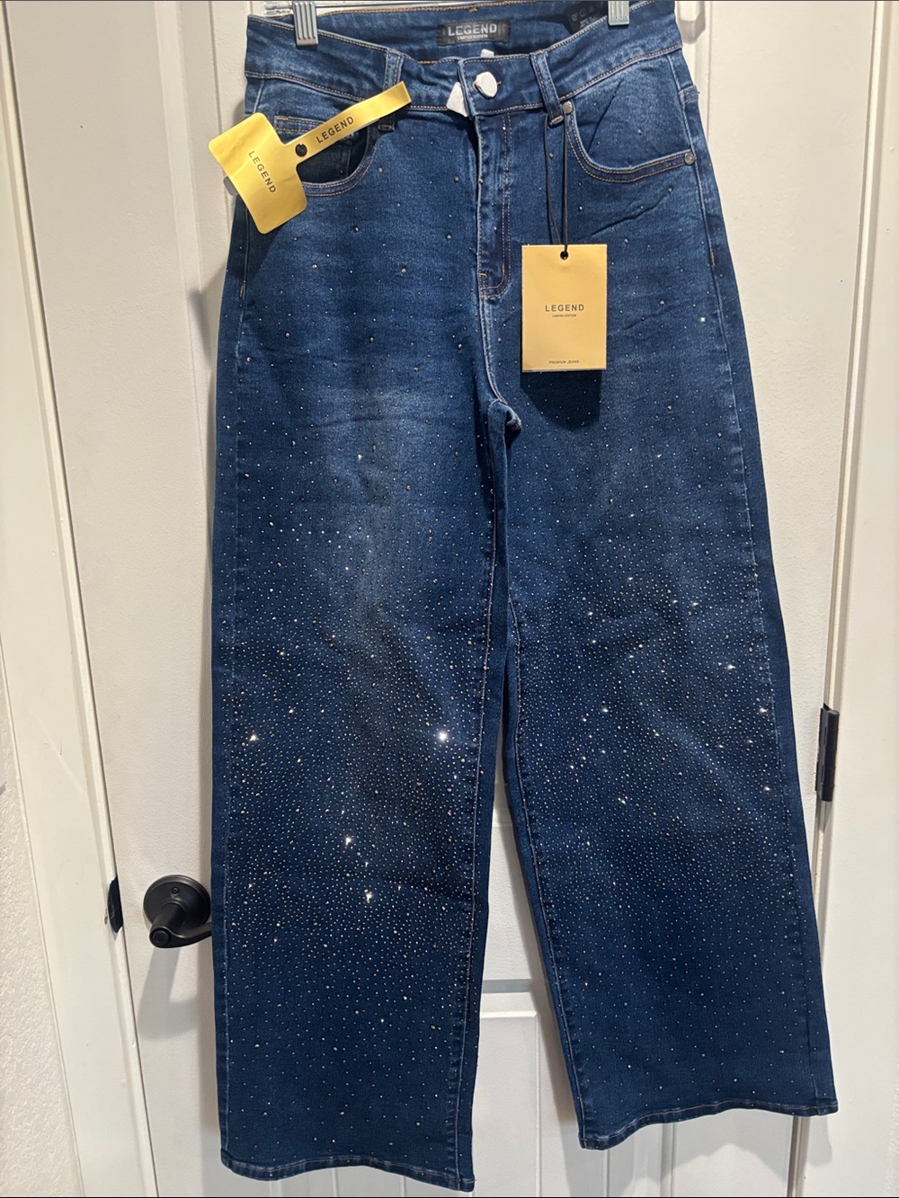 Legend Women's Dark Blue Wide Leg Jeans with Crystal Detail